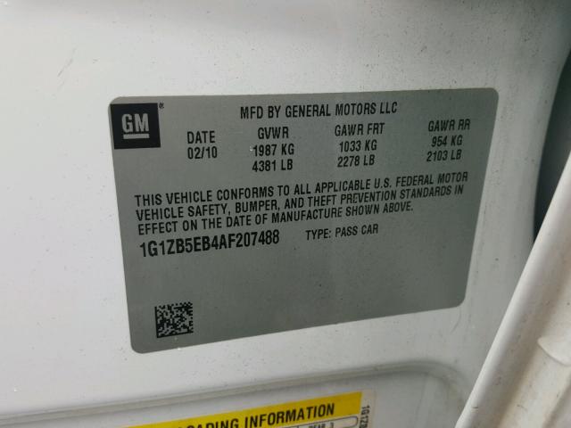 1G1ZB5EB4AF207488 - 2010 CHEVROLET MALIBU LS 白色 照片 10