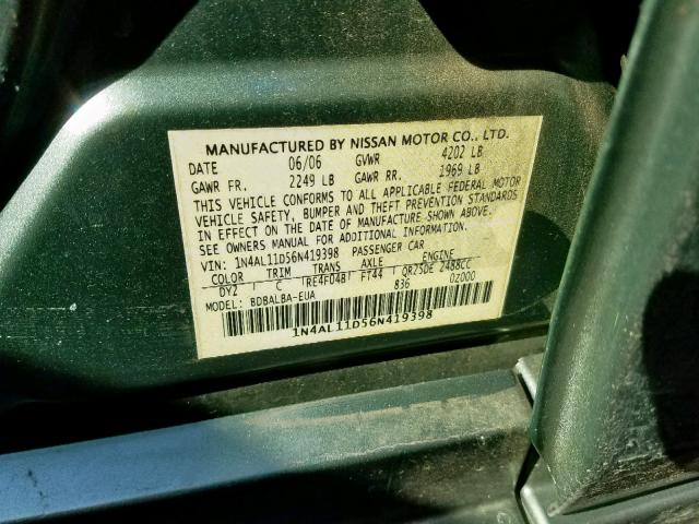 1N4AL11D56N419398 - 2006 NISSAN ALTIMA S GREEN photo 10