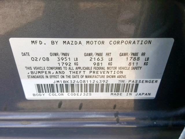 JM1BK324081124392 - 2008 MAZDA 3 S GRAY photo 10