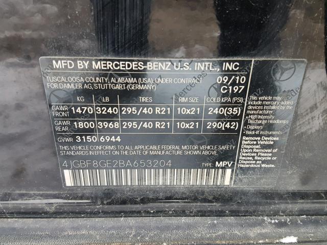 4JGBF8GE2BA653204 - 2011 MERCEDES-BENZ GL 550 4MA BLACK photo 10