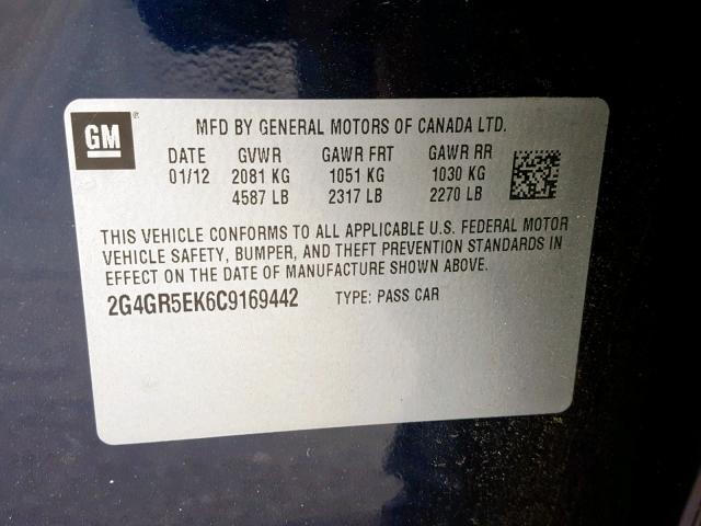 2G4GR5EK6C9169442 - 2012 BUICK REGAL BLUE photo 10