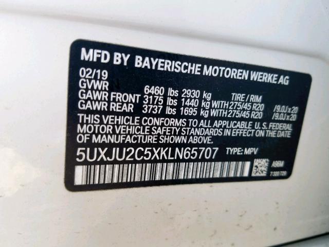 5UXJU2C5XKLN65707 - 2019 BMW X5 XDRIVE5 WHITE photo 10