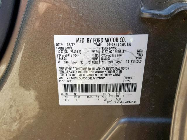 2FMDK3JC0DBA17662 - 2013 FORD EDGE SEL CHARCOAL photo 10