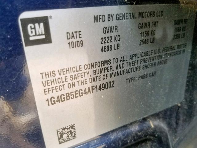 1G4GB5EG4AF149002 - 2010 BUICK LACROSSE C BLUE photo 10