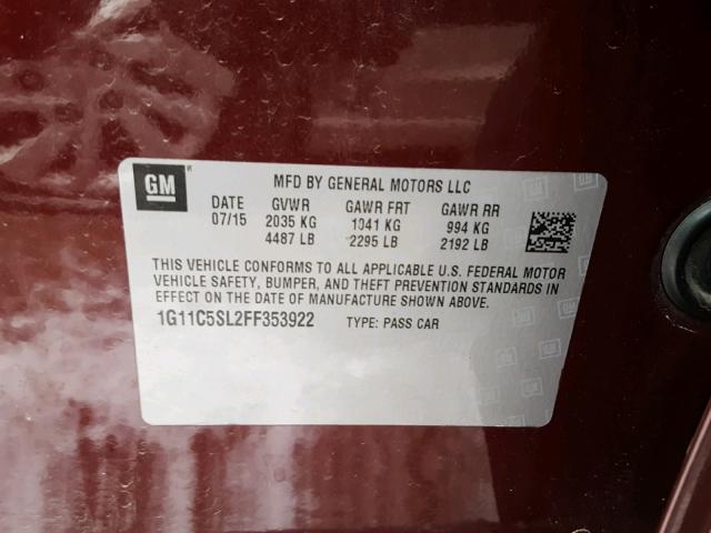 1G11C5SL2FF353922 - 2015 CHEVROLET MALIBU 1LT მუქწითელი ფოტო 10