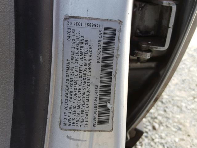 WVWPD63B43P434288 - 2003 VOLKSWAGEN PASSAT GLS SILVER photo 10