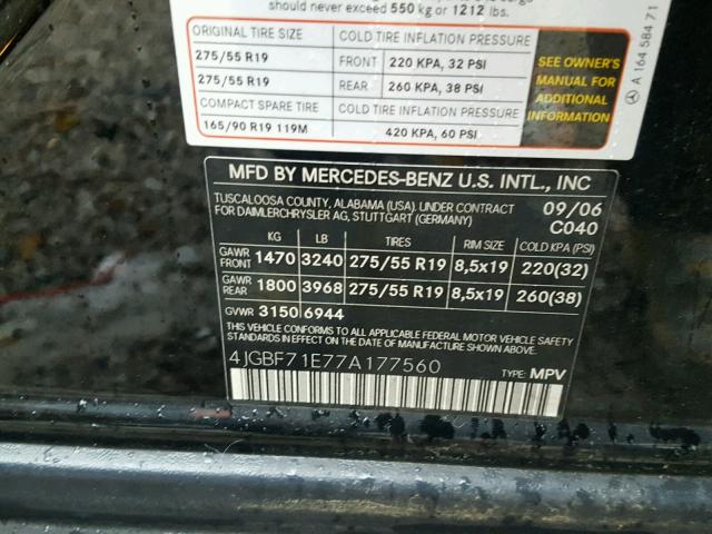 4JGBF71E77A177560 - 2007 MERCEDES-BENZ GL 450 4MA BLACK photo 10