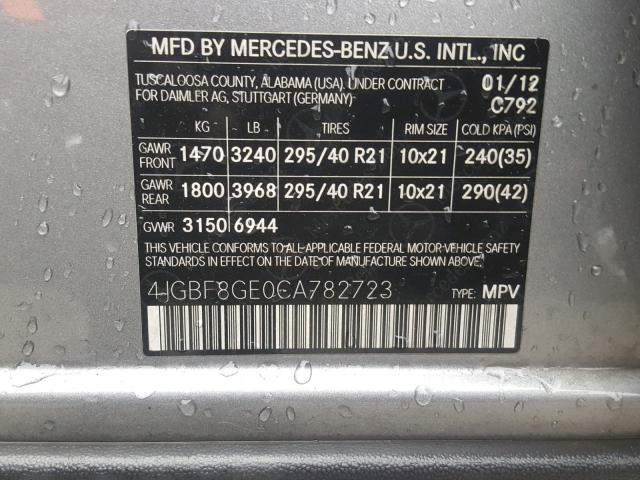 4JGBF8GE0CA782723 - 2012 MERCEDES-BENZ GL 550 4MA GRAY photo 10