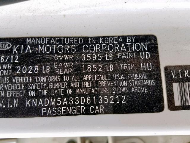 KNADM5A33D6135212 - 2013 KIA RIO LX WHITE photo 10