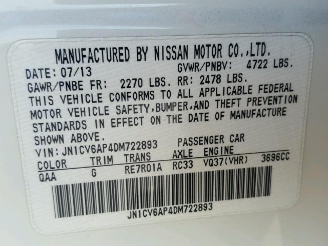 JN1CV6AP4DM722893 - 2013 INFINITI G37 BASE WHITE photo 10