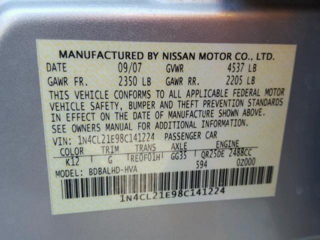 1N4CL21E98C141224 - 2008 NISSAN ALTIMA HYB SILVER photo 10