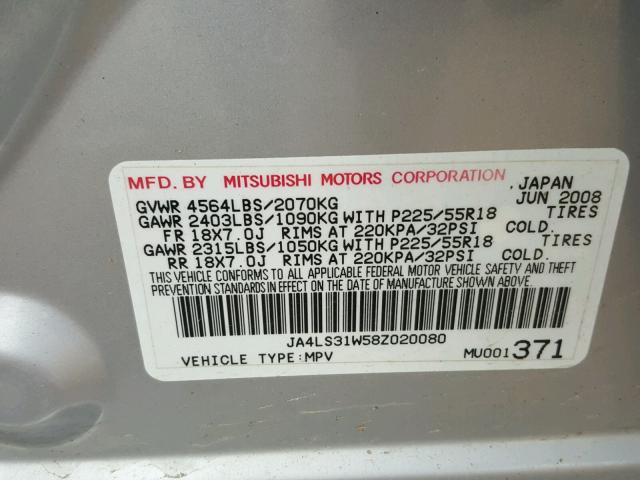 JA4LS31W58Z020080 - 2008 MITSUBISHI OUTLANDER SILVER photo 10