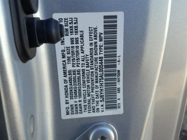 5J6YH1H75AL005448 - 2010 HONDA ELEMENT EX SILVER photo 10