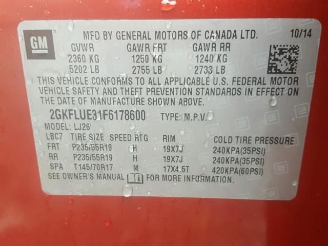 2GKFLUE31F6178600 - 2015 GMC TERRAIN DE RED photo 10