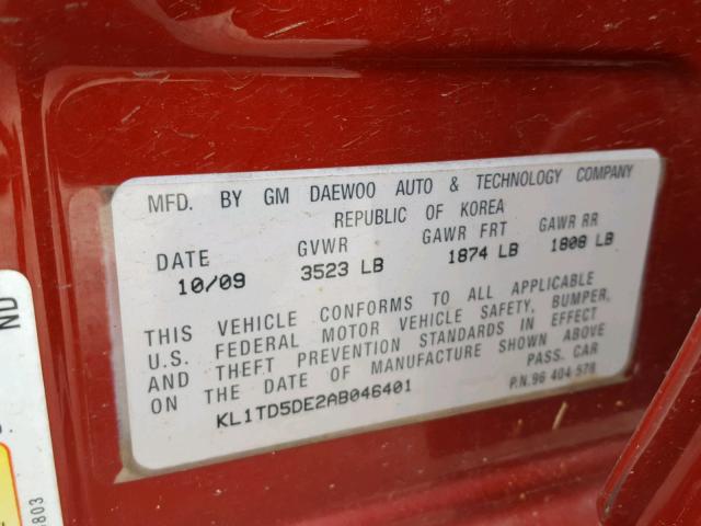 KL1TD5DE2AB046401 - 2010 CHEVROLET AVEO LS RED photo 10