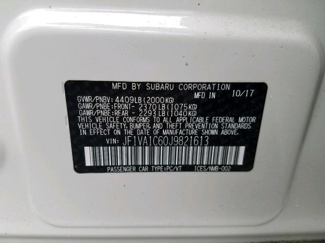 JF1VA1C60J9821613 - 2018 SUBARU WRX PREMIU WHITE photo 10