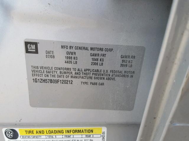 1G1ZH57B09F120212 - 2009 CHEVROLET MALIBU 1LT SILVER photo 10