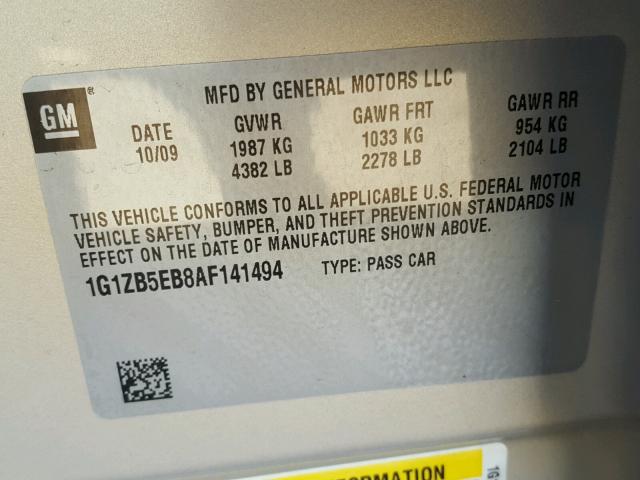 1G1ZB5EB8AF141494 - 2010 CHEVROLET MALIBU LS ბეჟი ფოტო 10