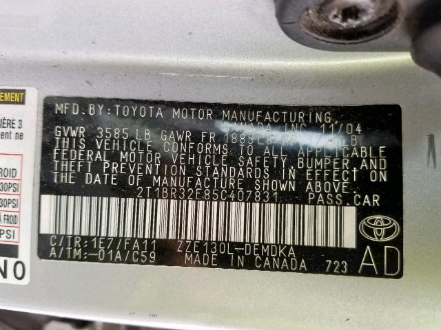 2T1BR32E85C407831 - 2005 TOYOTA COROLLA CE SILVER photo 10