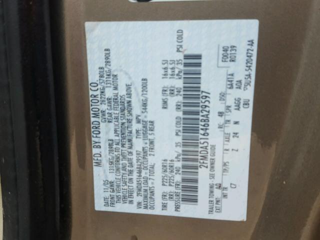 2FMDA51646BA29597 - 2006 FORD FREESTAR S GOLD photo 10