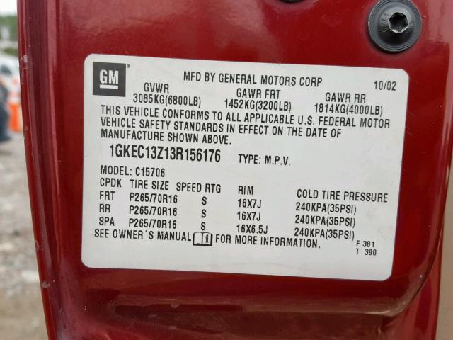 1GKEC13Z13R156176 - 2003 GMC YUKON MAROON photo 10