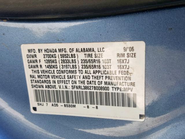 5FNRL38627B008900 - 2007 HONDA ODYSSEY EX BLUE photo 10