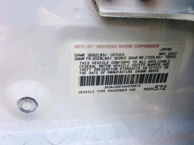 JA3AJ26E54U039874 - 2004 MITSUBISHI LANCER ES WHITE photo 10