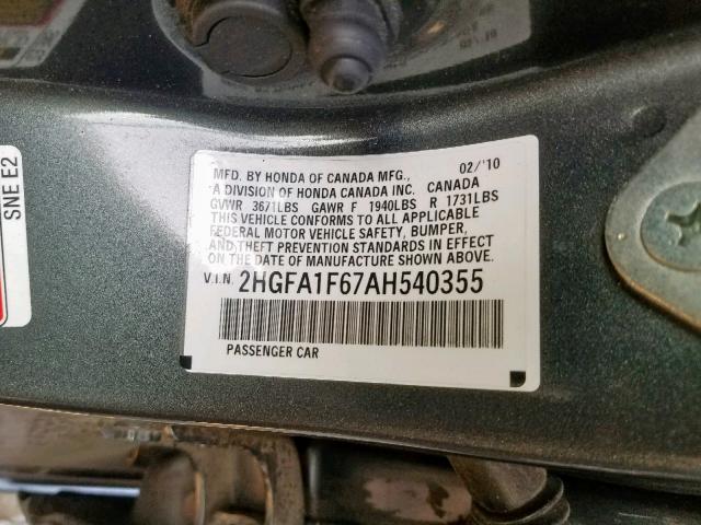 2HGFA1F67AH540355 - 2010 HONDA CIVIC LX-S GRAY photo 10