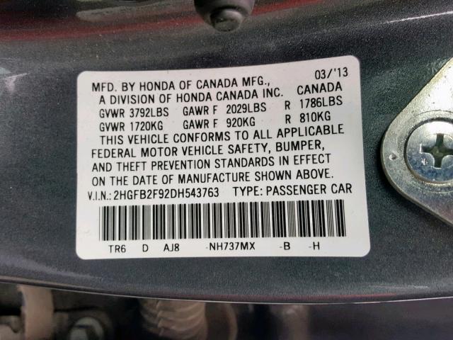 2HGFB2F92DH543763 - 2013 HONDA CIVIC EXL 灰色 照片 10