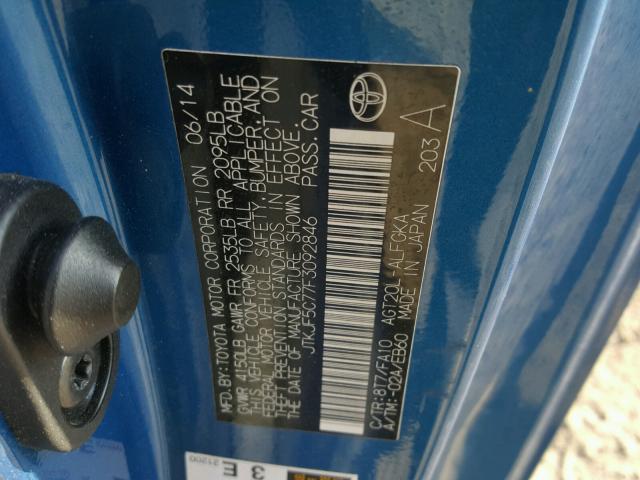 JTKJF5C77F3092846 - 2015 TOYOTA SCION TC ლურჯი ფოტო 10