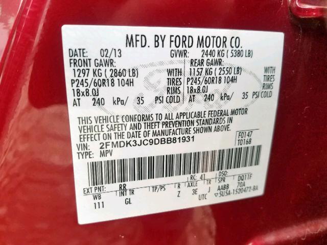 2FMDK3JC9DBB81931 - 2013 FORD EDGE SEL RED photo 10