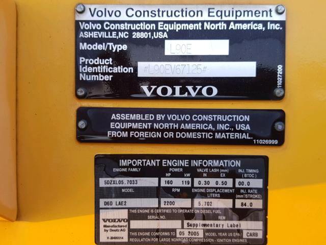 L90EV67125 - 2005 VOLVO L90E YELLOW photo 10