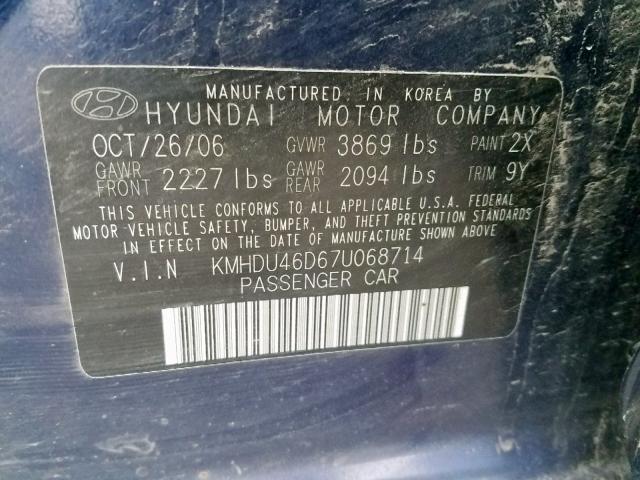 KMHDU46D67U068714 - 2007 HYUNDAI ELANTRA PURPLE photo 10