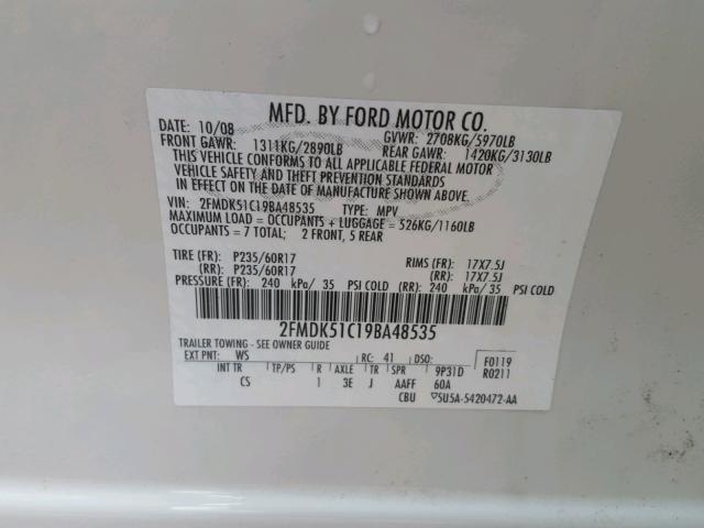 2FMDK51C19BA48535 - 2009 FORD FLEX SE WHITE photo 10