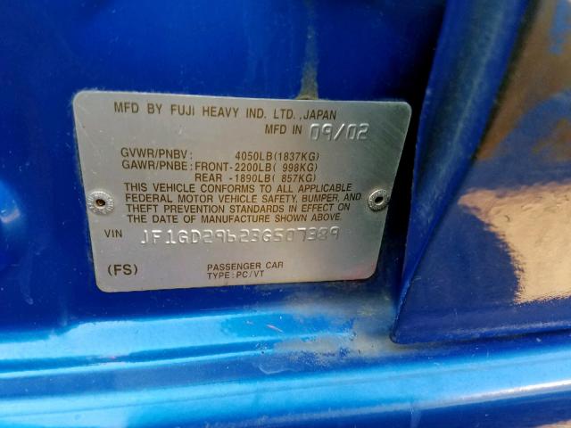 JF1GD29623G507389 - 2003 SUBARU IMPREZA WR BLUE photo 10