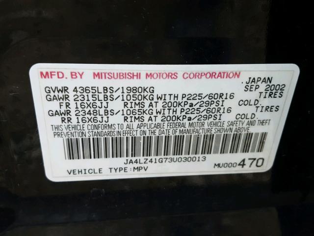 JA4LZ41G73U030013 - 2003 MITSUBISHI OUTLANDER BLACK photo 10