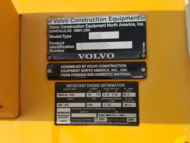 L90EV67467 - 2006 VOLVO L90E YELLOW photo 10