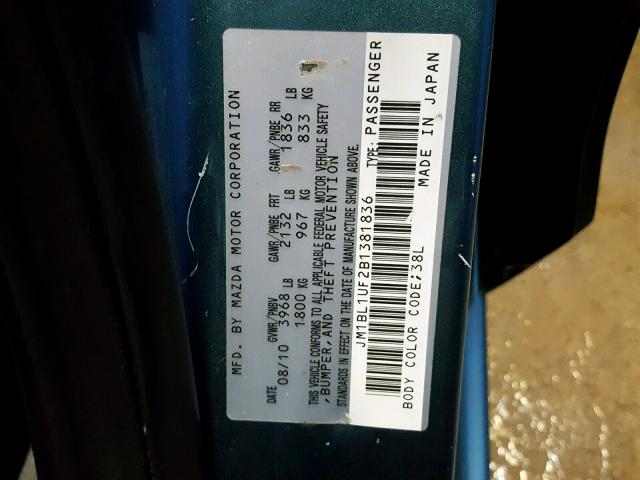 JM1BL1UF2B1381836 - 2011 MAZDA 3 I BLUE photo 10