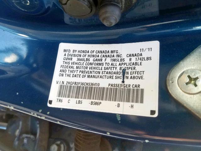 2HGFB2F56CH536410 - 2012 HONDA CIVIC LX BLUE photo 10