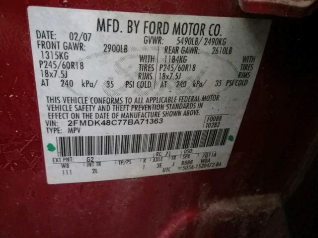 2FMDK48C77BA71363 - 2007 FORD EDGE SEL BURGUNDY photo 10