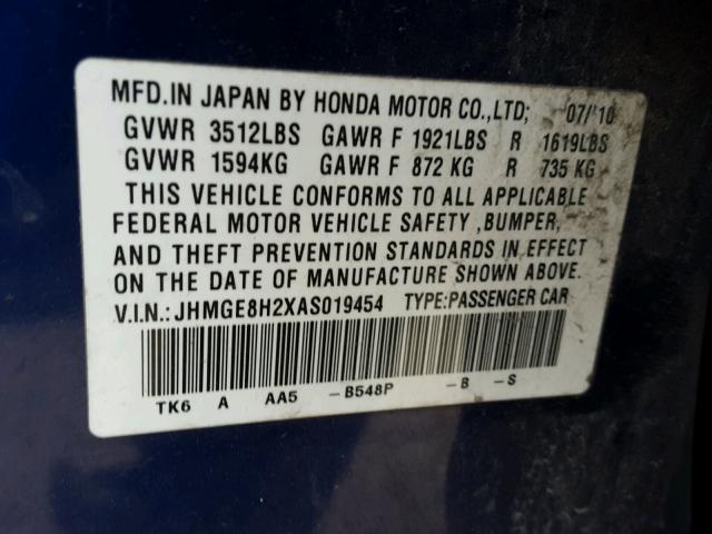 JHMGE8H2XAS019454 - 2010 HONDA FIT BLUE photo 10