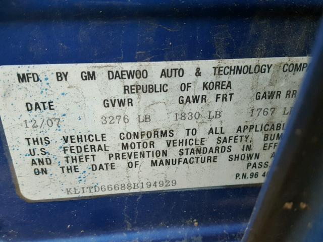 KL1TD66688B194929 - 2008 CHEVROLET AVEO BASE ლურჯი ფოტო 10