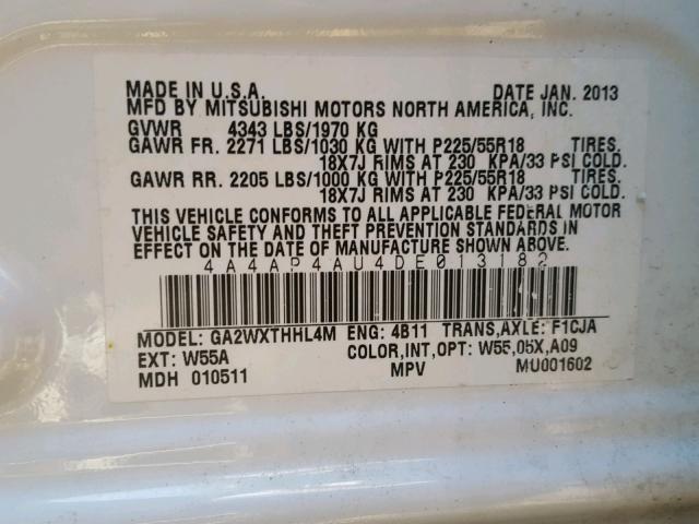 4A4AP4AU4DE013182 - 2013 MITSUBISHI OUTLANDER WHITE photo 10