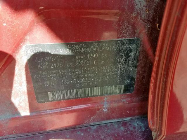 5NPEB4AC3BH093103 - 2011 HYUNDAI SONATA GLS RED photo 10