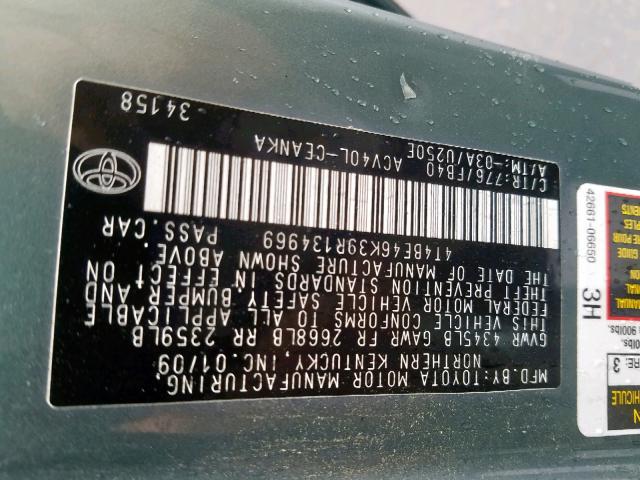 4T4BE46K39R134969 - 2009 TOYOTA CAMRY BASE TEAL photo 10