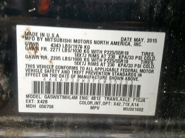 4A4AP3AW8FE035233 - 2015 MITSUBISHI OUTLANDER BLACK photo 10