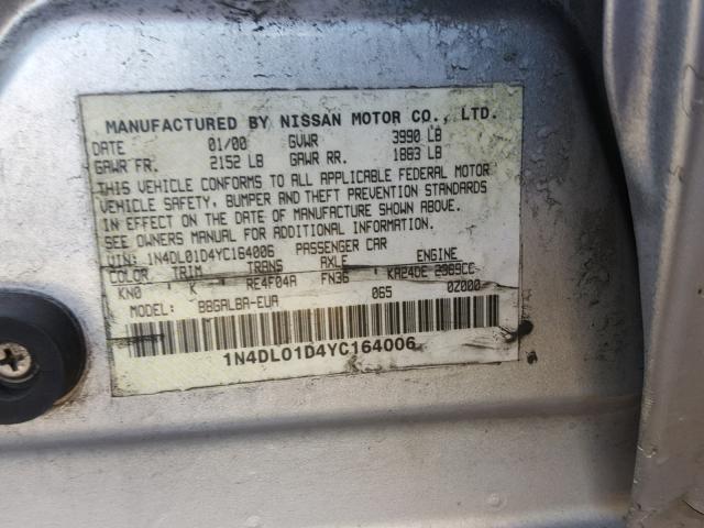 1N4DL01D4YC164006 - 2000 NISSAN ALTIMA XE SILVER photo 10