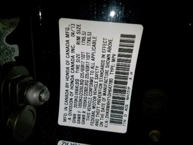 2HKRM4H71DH647780 - 2013 HONDA CR-V EXL BLACK photo 10