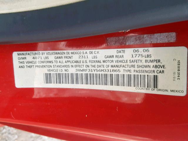 3VWRF31Y56M331865 - 2006 VOLKSWAGEN NEW BEETLE 红色 照片 10