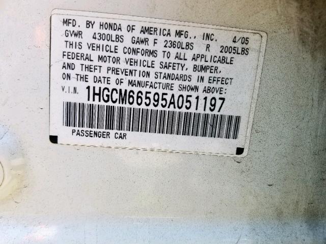 1HGCM66595A051197 - 2005 HONDA ACCORD EX WHITE photo 10